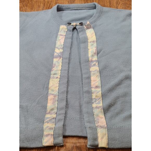 Vintage 1960s Blue Ribbon Trim Crew Neck Summer Cardigan XS/Sm One Button Knit - Picture 3 of 7